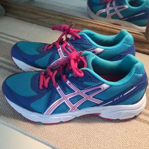 Blue and pink running shoes